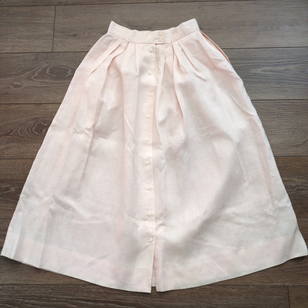 Vtg Paul Stuart Pink Linen Skirt Button Back Pleated Pockets Midi Long 8 - Picture 7 of 12
